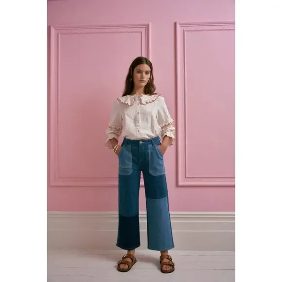 Anthropologie Seventy + Mochi Elodie Jean Patched 27 Boho Mid Rise Crop Wide Leg - Picture 1 of 6